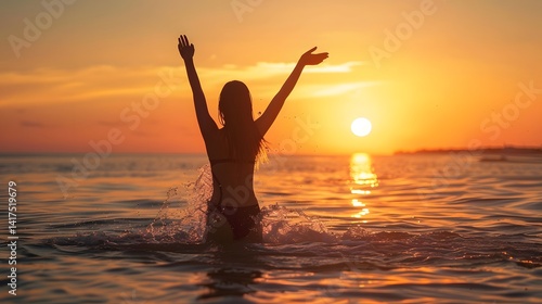 Young Woman with Raised Arms Enjoying the Sunrise: Serene and Inspirational Image