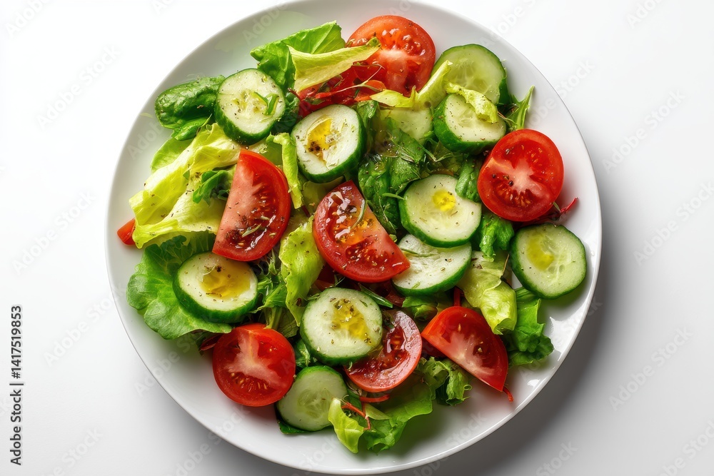 Fresh green salad with tomatoes, cucumbers, and olive oil drizzled served on a white plate Fresh green salad with tomatoes, cucumbers, and olive oil drizzled served on a white plate