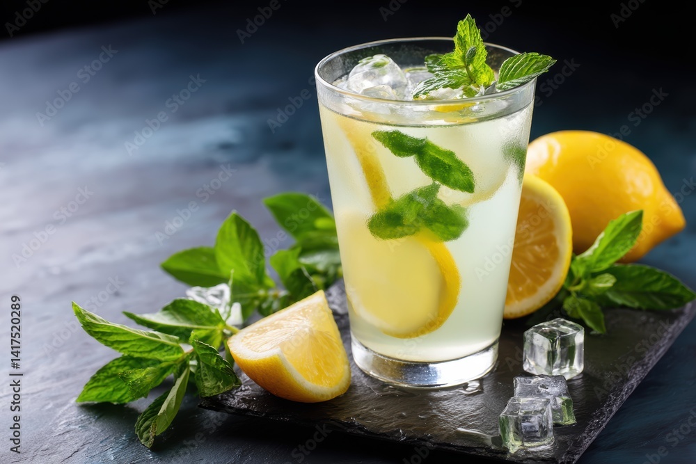 Frosted glass of cold lemonade garnished with mint leaves and ice cubes on a dark background during summer refreshment Frosted glass of cold lemonade garnished with mint leaves and ice cubes on a dark background during summer refreshment