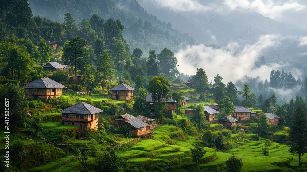 Obraz premium Misty Mountain Village: A Serene Himalayan Hamlet