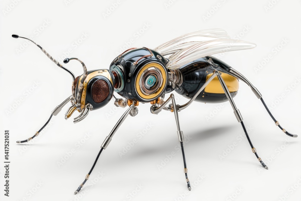 Fototapeta premium Robotic insect showcasing advanced AI sensors and micro-drone technology for future environments