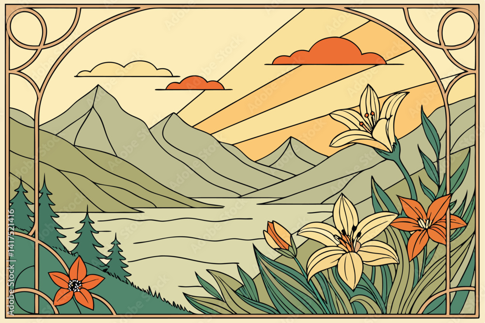 Φωτογραφία 52 Stained glass landscape, serene mountain lake, vibrant lilies in foreground,
