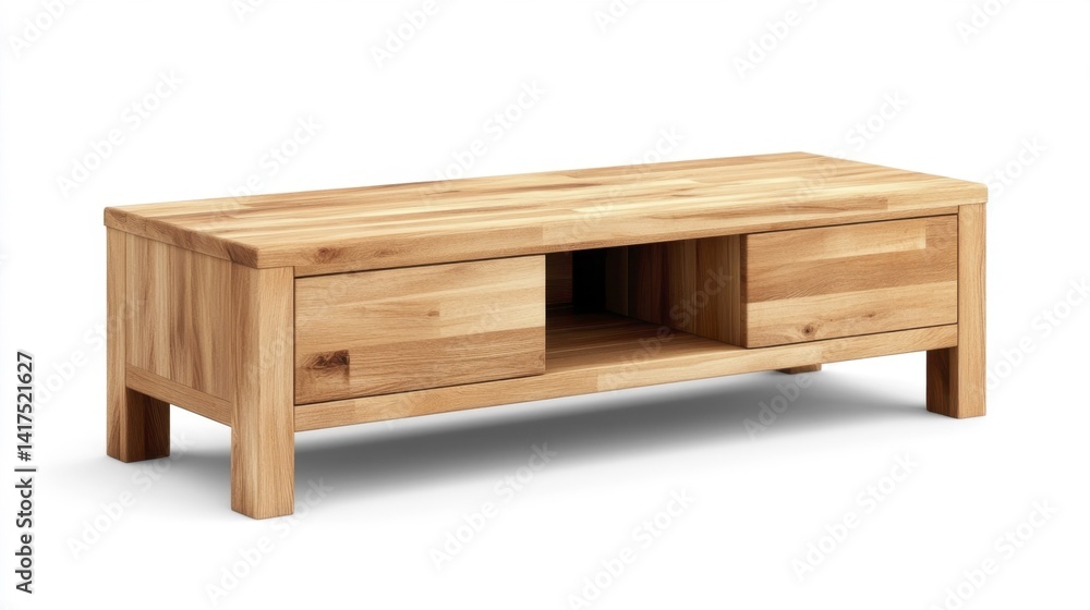 Wooden TV Unit with Drawers and Open Shelf on White Background. Generative AI Wooden TV Unit with Drawers and Open Shelf on White Background. Generative AI