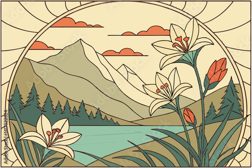 52 Stained glass landscape, serene mountain lake, vibrant lilies in foreground, layered mountain ranges, colorful sunset sky, art nouveau style, flowing lines, muted earth tones, turquoise water, oran
