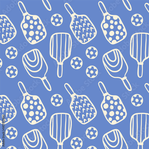 Pattern with pickleball balls and paddle. Sport seamless pattern with doodle paddle . Design for print, banner, card, fabric, cover, wrapping paper, wallpaper. Concept of sport, activities, hobbies.