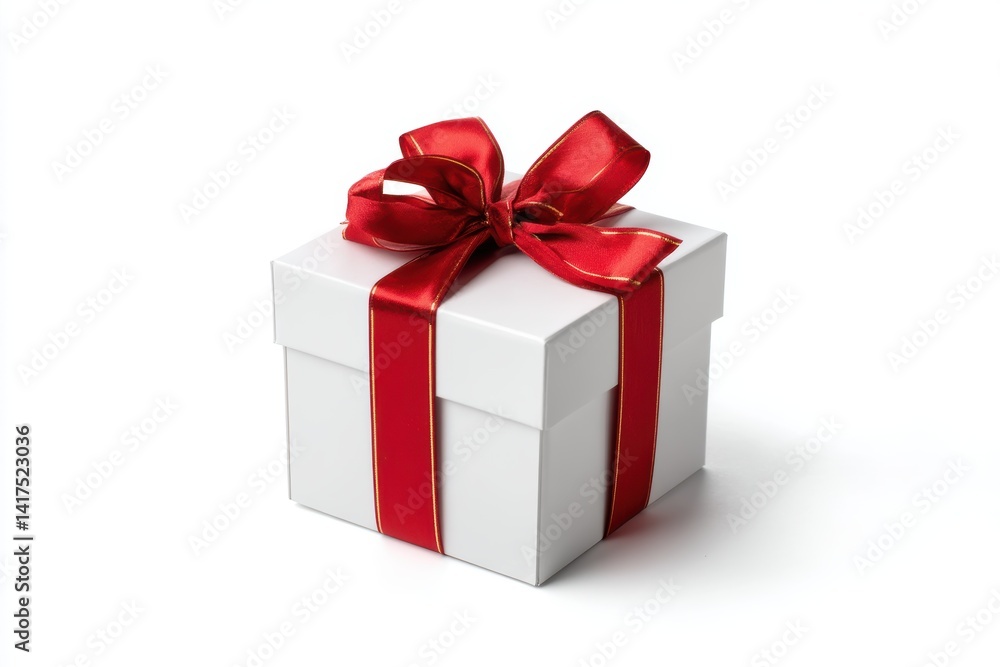 Fototapeta premium Gift box with red ribbon on blank card, ideal for holiday promotions or customer rewards in a festive setting