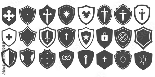 Shield logo icons set black fill silhouette or outline SVG. illustration ,block lock or protection defend privacy concept.