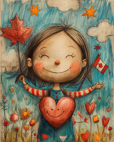 Smiling cartoon girl with maple leaf and Canadian flag – Canada Day kids illustration