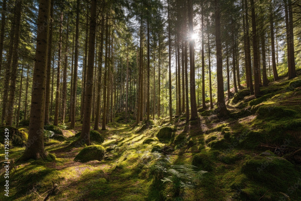 Fototapeta premium Sunlight filtering through forest trees