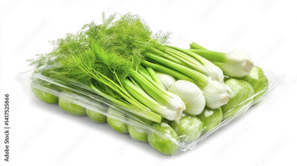 Frozen fennel in transparent packaging isolated on white background. Generative AI Frozen fennel in transparent packaging isolated on white background. Generative AI