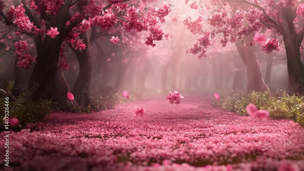 A serene path surrounded by blooming cherry blossom trees. A serene path surrounded by blooming cherry blossom trees.