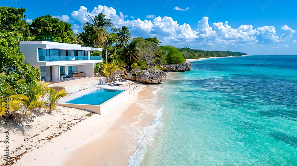 Fototapeta premium Luxurious beachfront vacation house with rooftop pool tropical paradise photo sunny atmosphere aerial view relaxation concept