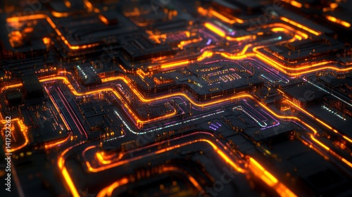 Abstract digital circuit board with glowing orange and purple pathways. Dark background.