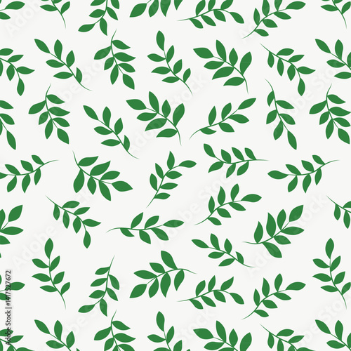 This illustration features a stylish and modern pattern with green leaves on a light background. Leaves of different shapes and sizes are arranged in a chaotic manner, creating a feeling of natural