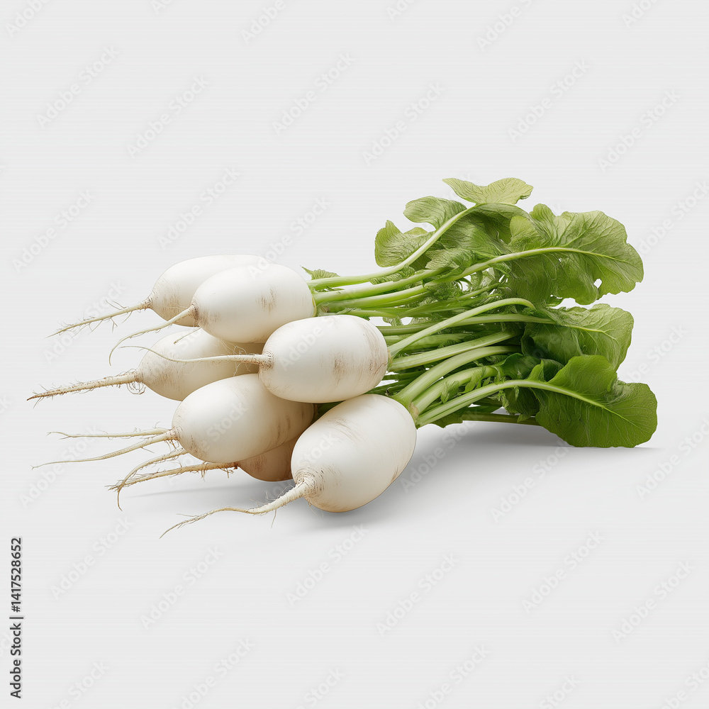 White daikon radishes with leaves on white background White daikon radishes with leaves on white background