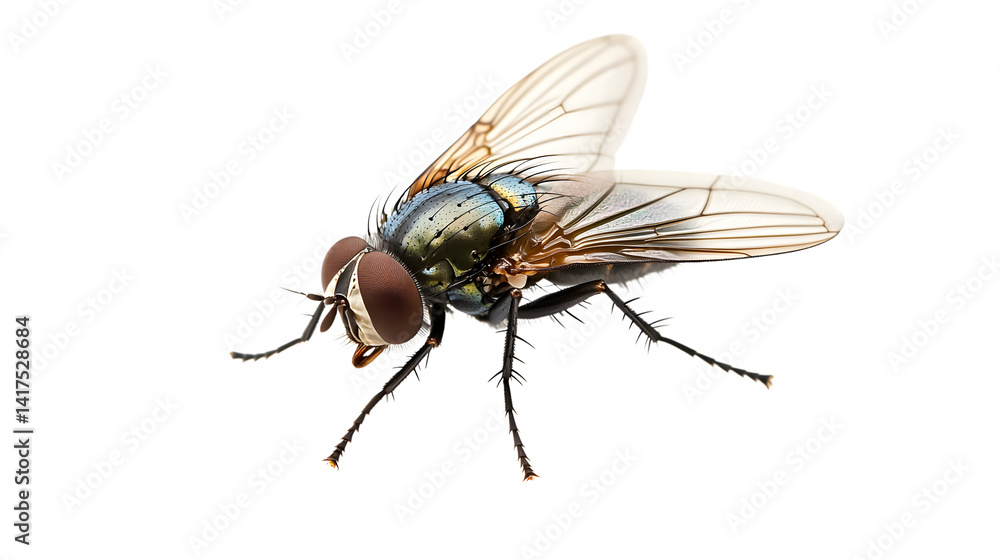 Detailed Housefly with Segmented Body and Intricate Wings Isolated on White Background Detailed Housefly with Segmented Body and Intricate Wings Isolated on White Background