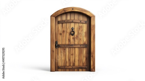 Old wooden door with metal handle and knocker. Generative AI