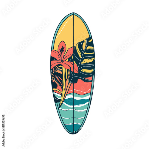 Surfboard With Tropical Beach Wave Scene