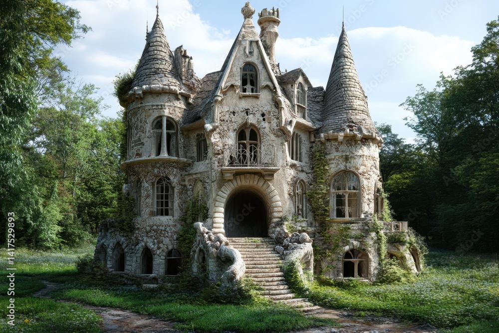 Obraz premium Abandoned fairytale castle surrounded by lush greenery in a serene forest setting