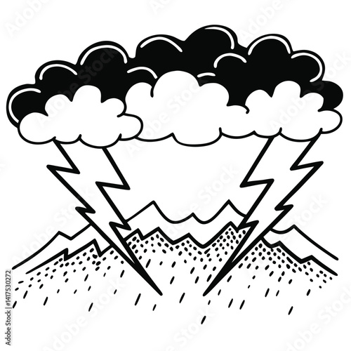 Black and White Storm Clouds with Lightning and Rain in Minimalist Style