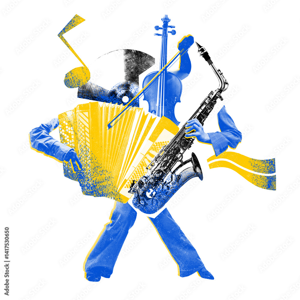 Design with abstract figure made from instruments like accordion, saxophone, and violin in blue-yellow duotone against white background. Music, festival, creative poster, ads concept. Photocopy effect