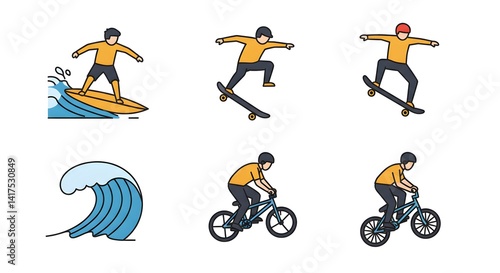 Surfing with skating, and BMX icons.