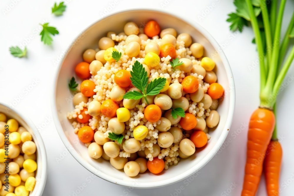 Mix of barley, chickpeas, bulgur, corn, and carrots on a white backdrop, barley, vegetables, food Mix of barley, chickpeas, bulgur, corn, and carrots on a white backdrop, barley, vegetables, food