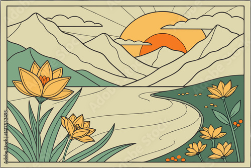 52 Stained glass landscape, serene mountain lake, vibrant lilies in foreground, layered mountain ranges, colorful sunset sky, art nouveau style, flowing lines, muted earth tones, turquoise water, oran