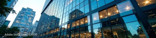 Modern glass office building exterior in urban business district, architecture, city