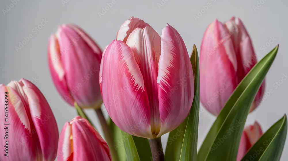 Naklejka premium Tulip petal with subtle wrinkles, pure white background, soft focus, pastel pink tones, commercial stock photo style