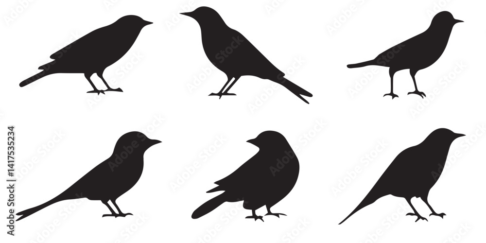 Fototapeta premium Bird Silhouette Icons Pack – Black Flying and Perching Bird Vector Clipart