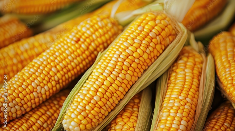 Freshly harvested corn cobs display vibrant yellow kernels and pale green husks Freshly harvested corn cobs display vibrant yellow kernels and pale green husks
