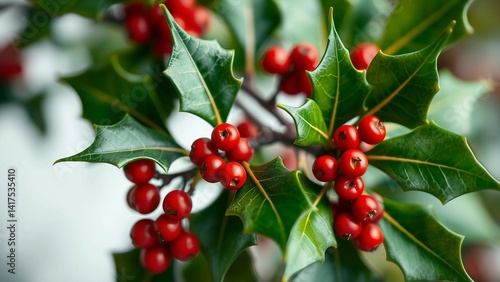 Close-up of holly leaves with red berries on a white background transparent