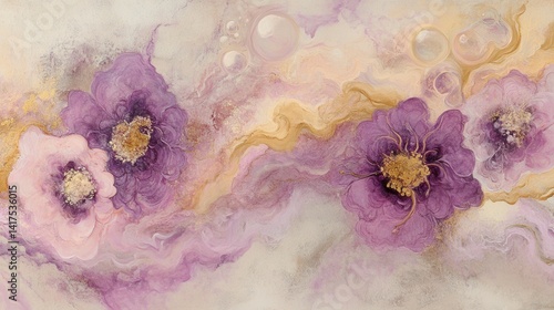 Abstract painting of purple flowers and gold accents on a cream background. Soft lighting and dreamy atmosphere.