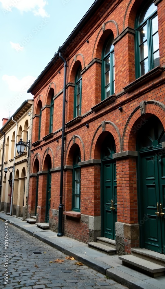 Fototapeta premium Old brick building with arched windows, cobblestone street, vintage architecture, building, town