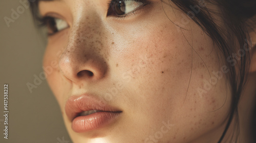 Close up portrait of asian woman with freckles and natural skin looking away beauty and skincare concept