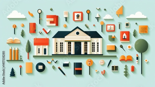 Flat design illustration of a school building surrounded by various educational icons and elements on a light blue background.
