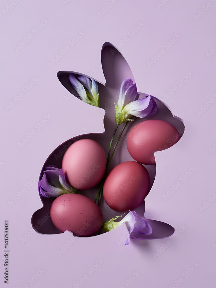 Fototapeta premium Charming Easter bunny silhouette cradles delicate purple eggs and wild pea blossoms against a pastel violet backdrop creating a whimsical festive spring scene.