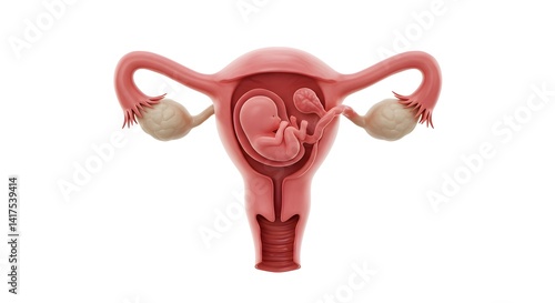 Detailed anatomical illustration of the female reproductive system, featuring a developing fetus.