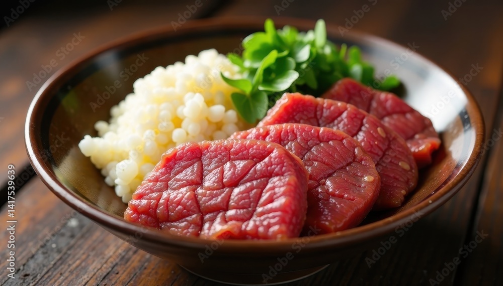 Dried beef slices served with tapioca in a bowl , dish, dried beef Dried beef slices served with tapioca in a bowl , dish, dried beef