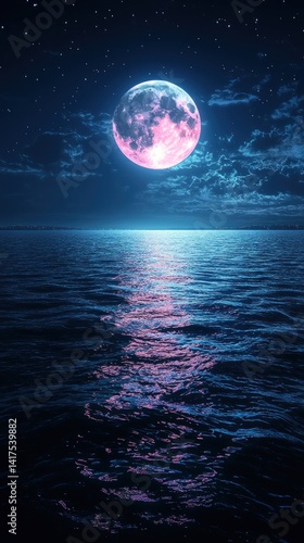 Obraz na płótnie Surreal Pink Moon Reflecting on Water, Dreamy Night Seascape Scenery w salonie