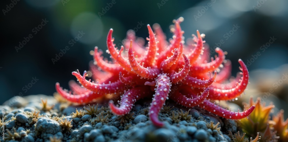 Obraz premium Drosera Capensis plant with sticky tentacles on a grey rock, greenery, leaves