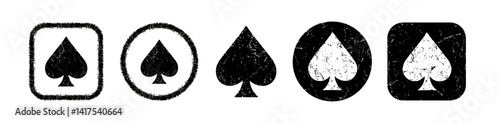 Monochrome set of five vector icons illustrating the spade suit symbol in various styles and containers (rounded square, circle, plain). Represents playing cards, card games, and a classic graphic.