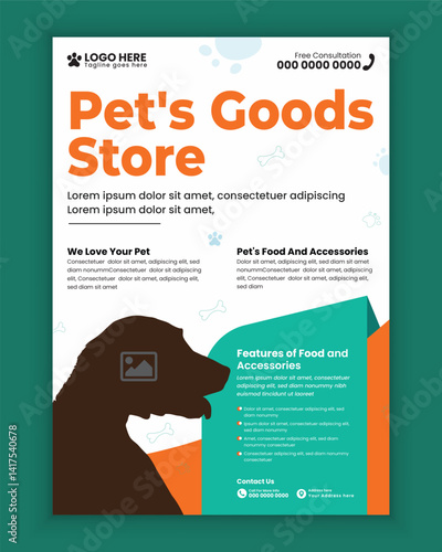 Pet food and accessories store poster design or Pet business flyer brochure design template, Pet shop and animals clinic print flyer or poster template design