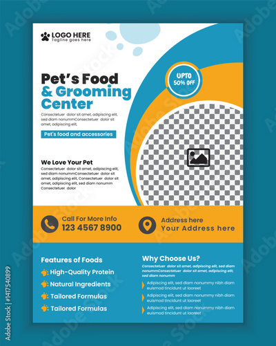 Pet food, care and grooming center poster design, or Pet adopt event flyer brochure design template, Pet shop and animals clinic print flyer or poster template design