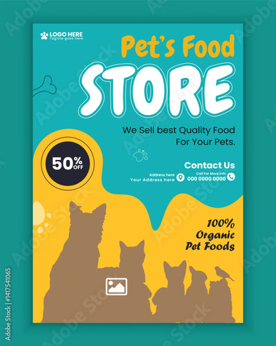 Pet food and accessories store poster design or Pet business flyer brochure design template, Pet shop and animals clinic print flyer or poster template design