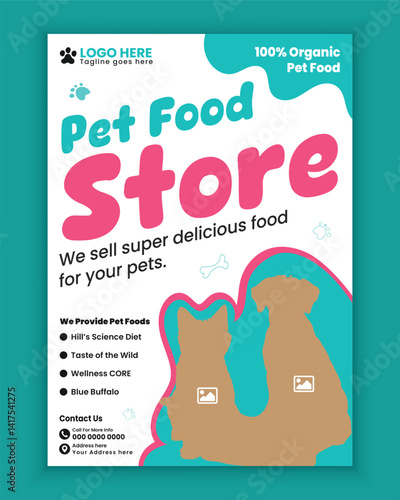 Pet food and accessories store poster design or Pet business flyer brochure design template, Pet shop and animals clinic print flyer or poster template design