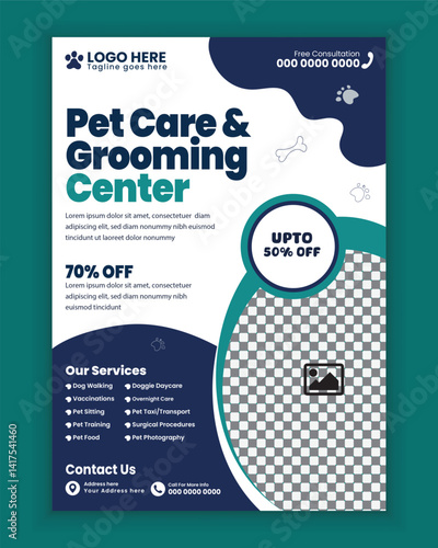 Pet care and grooming center poster design, or Pet adopt event flyer brochure design template, Pet shop and animals clinic print flyer or poster template design