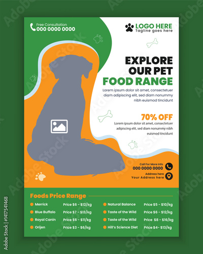 Pet food and accessories store poster design or Pet business flyer brochure design template, Pet shop and animals clinic print flyer or poster template design