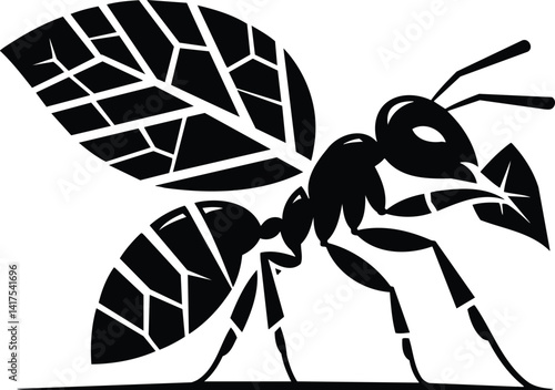 Ant carrying leaf fragment in determined march silhouette